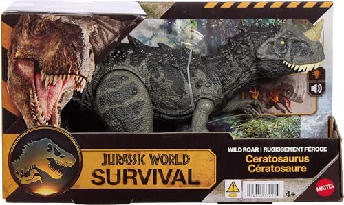 Image of Mattel Jurassic World Wild Roar Ceratosaurus Dinosaur Action Figure Toy with Chomp Attack, Light Up Feature & Roar Sound, Scan Code for Digital Play