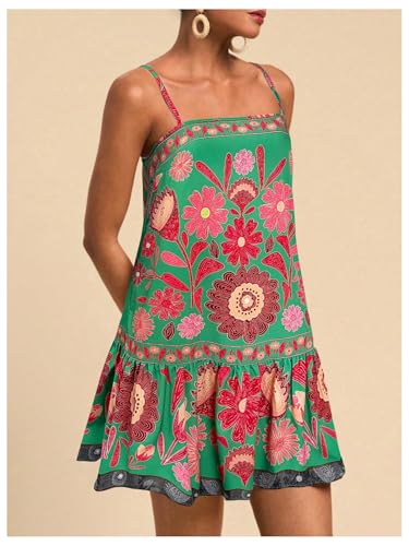 Image of RoseSeek Women's Floral Boho Flowy Mini Cami Dress Ruffle Hem Spaghetti Strap Vacation Tank Dresses