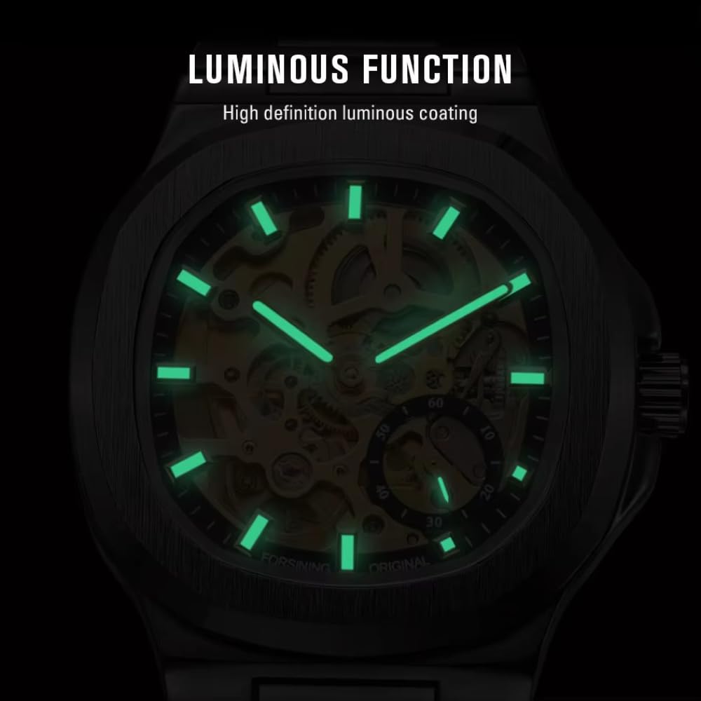 Quadratische, runde Form, ausgehöhltes Skelett, automatische mechanische Herrenuhr, Edelstahl, wasserdicht, leuchtend, luxuriös, Business-Uhren