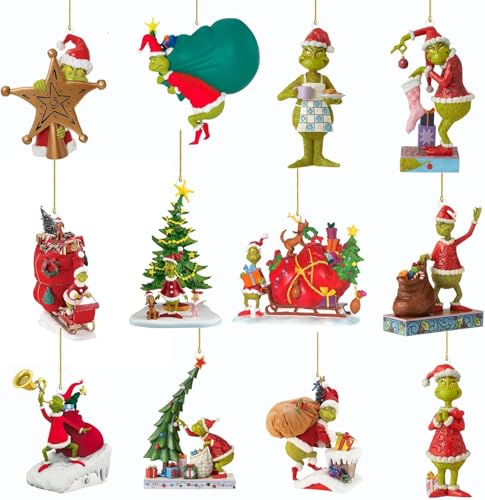 Décorations de Noël, 12 PCS Pendu Décoratif Grin-ch, Pendentif 2D en Acrylique pour Sapin de Noël, Monstre Vert-Cheveux Décor de Noël pour la Maison, Fêtes (Multicolore)
