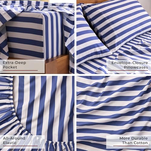 Image of Mellanni Split King Sheets Set - 5 PC Iconic Collection Bedding | Hotel Luxury, Extra Soft, Cooling Bed Sheets - Wrinkle, Fade, Stain Resistant (Split King, Oxford Stripe Blue Nova)
