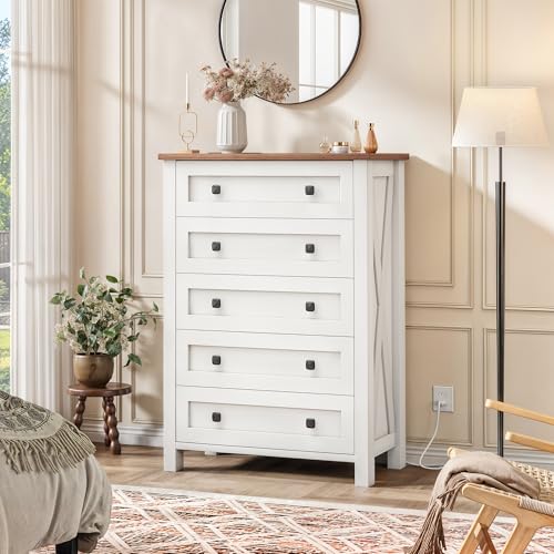 DWVO White Dresser, 5 Chest of Drawer Dresser for Room, Modern Tall Nightstand with Deep Drawers, Organizer Drawers for Living, Hallway