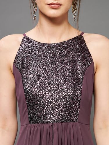 Image of Miss Chase Women's Round Neck Sleeve Embellished Fit Flare Maxi Dress