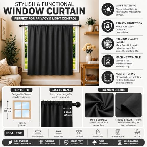 Image of Valance Blackout Rod Pocket Pattern Curtain Pack of 1 Piece, Kitchen Curtain | 3 Feet - Black