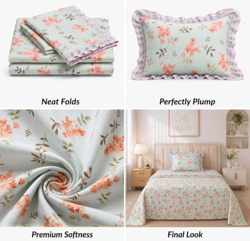Image of BSB HOME 240 Tc Premium Single Bed Bedsheet, Soft Comfortable Bed Sheet with 2.5 Inches Frill Border, Stylish Printed Bedding for Bedroom, Elegant Bedsheet, 60 x 90 Inches - Seafoam