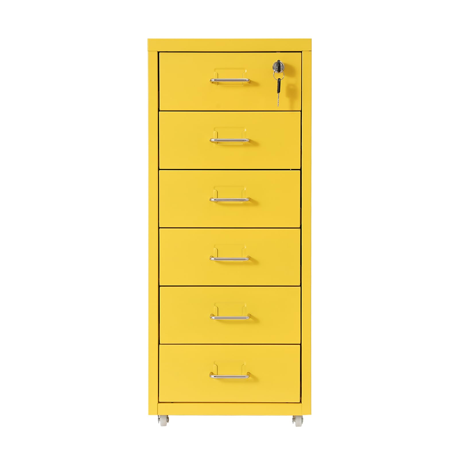 Conteneur à roulettes en métal - Meuble de bureau pour bureau - Organiseur de bureau avec 6 tiroirs - Armoire à tiroirs verrouillable sur roulettes - 28 x 41 x 69 cm - Jaune