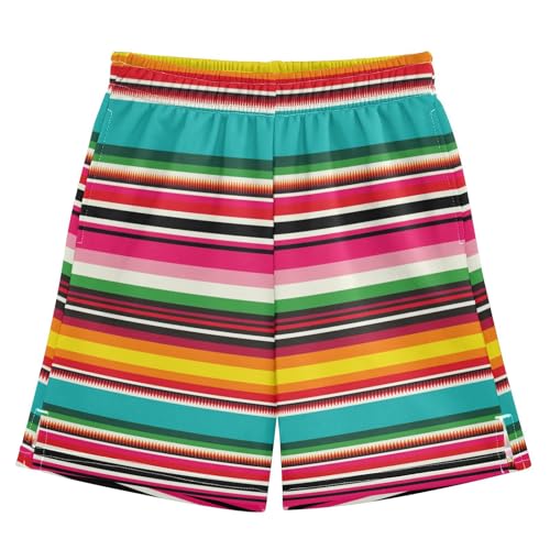 Colorful Mexican Stripes Athletic Shorts with Zipper Pockets, Youth Boys Athletic Running Shorts for Summer