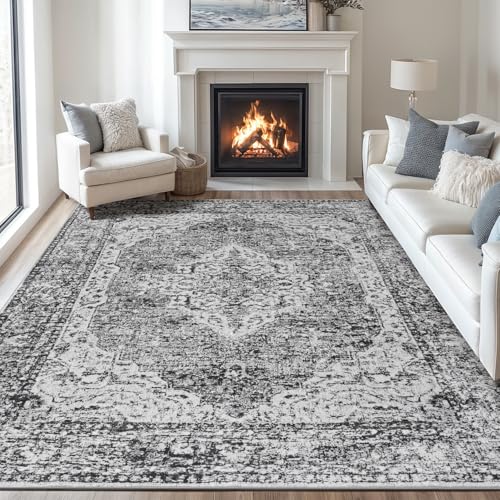 Lofus 8x10 Area Rugs for Living Room, Washable Area Rug, Rugs for Bedroom, Kitchen, Vintage Boho Carpet, Soft Non-Slip, Low Pile Large Area Rug for Office Dining Room, Vintage Dark Grey