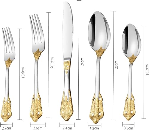 Miniatura 6 de Juego de cubiertos dorados de 30 piezas para 6, juego de cubiertos de lujo de acero inoxidable 18/10, juego de cubiertos vintage, incluye cuchara,