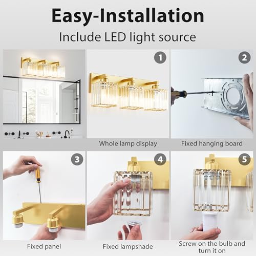 Image of Bathroom Vanity Light Fixtures Over Mirror - Makeup Lighting Pure Gold - for Modern Wall, Bath, Desk, Farmhouse, Hallway 3 Crystal Lights