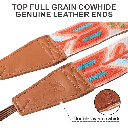 Image of Padwa Lifestyle Colorful Crochet Camera Strap - 2 inch Full Grain Leather Ends Camera Straps for Photographers, Vintage Woven Cotton Soft Suede Fabric Padded Strap with Quick Release fits All Cameras