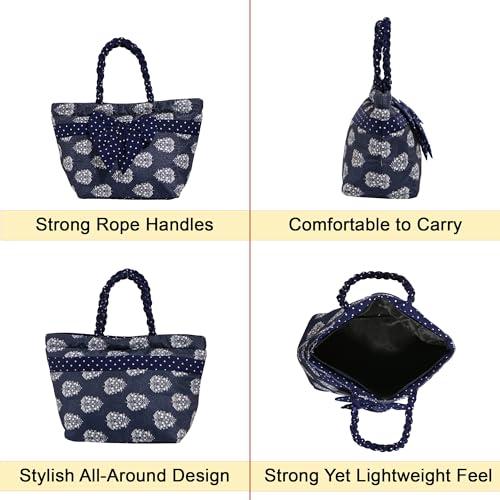 Image of Kuber Industries Cotton Dot Printed Bow Hand Bag with 3 Compartment and Zipper Clouser | Multipurpose Women Hand Purse Bow Design for Office | Blue