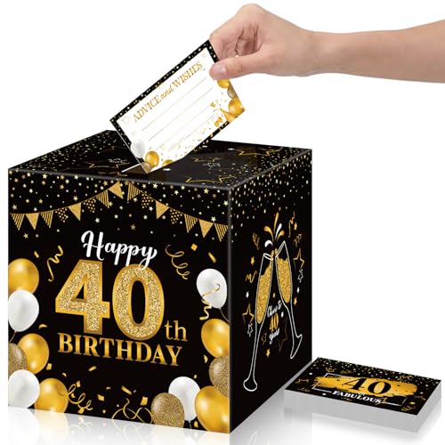 Image of Funrous 40th Birthday Party Message Card Box Cheers to 40 Years Black Gold Advice and Wishes Greeting Card Box for Men Birthday Decorations Party Supplies Anniversary Tables Sign Centerpiece Decor