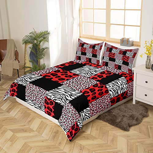 Red Leopard Zebra Print Duvet Cover Set King Size,Wildlife Tropical Animal Comforter Cover With 2 Pillowcases,Stitching Black Plaid Modern Bedding Set For Adult Young Bedroom Xmas Gift #TOP2