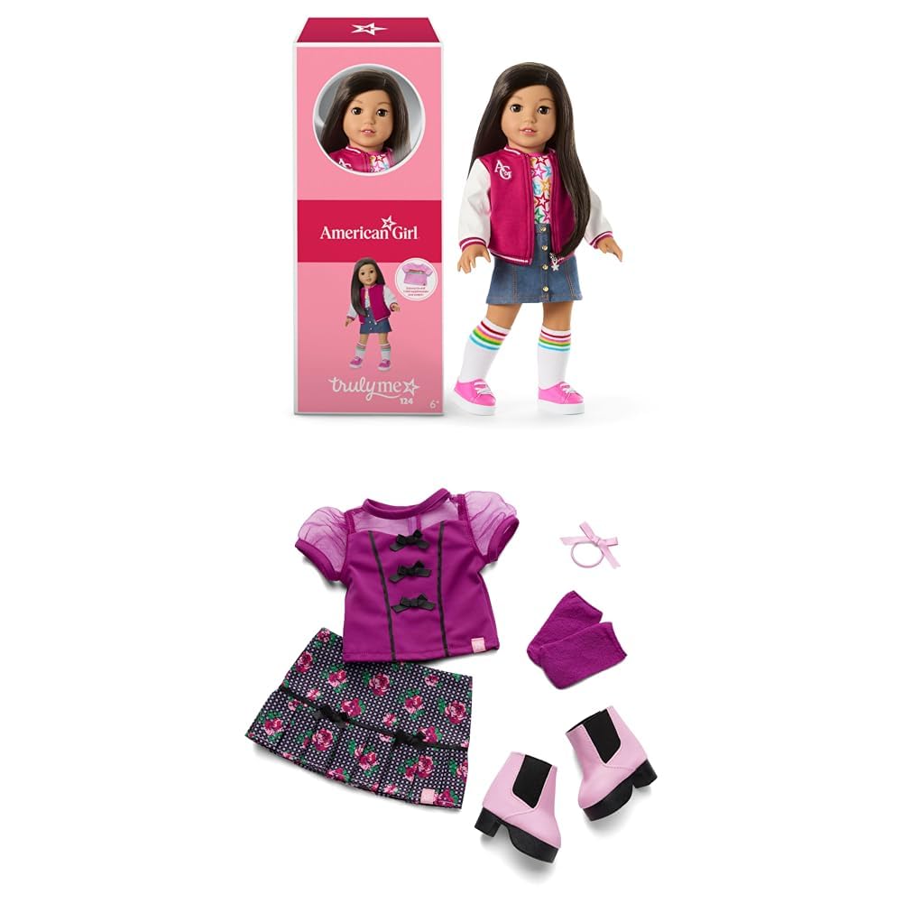 Bundle of American Girl, Truly Me 18-inch Doll #124 with Brown Eyes, Straight Black-Brown Hair, Light-to-Medium Skin, Ages 6+ + Truly Me 18-inch Doll Outfit, Bows &amp; Blooms Outfit, for Ages 6+