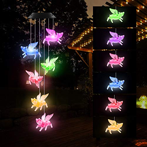 AceList Color-Changing Pigs Fly Solar Mobile Wind Chime Moblie LED Light, Spiral Spinner