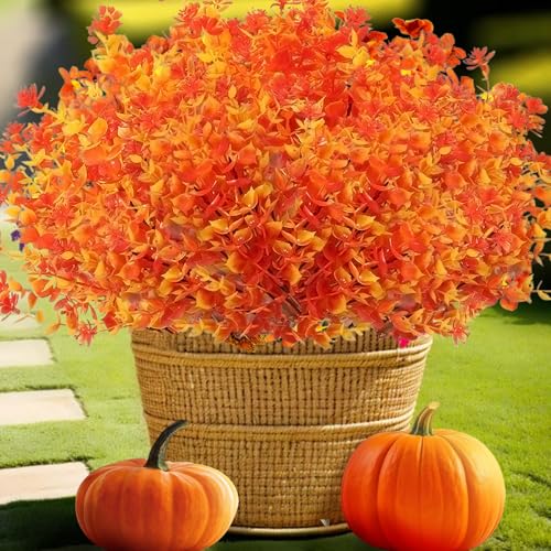 Satefello Artificial Fall Flowers for Outdoors, 10 Bundles Faux Flower UV Resistant Fall Fake Mums Plants for Outside Halloween Christmas Porch Decoration Fall Decor(Orange(Eucalyptus)) - image 8