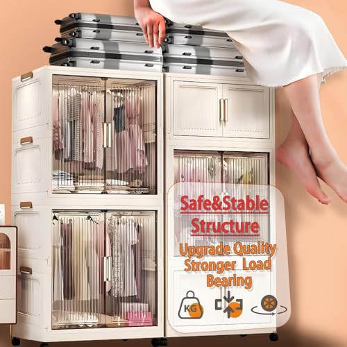Image of Strassis Design 4-Door Plastic Wardrobe for Kids| Almirah and wardrobes for Baby Clothes| Modular Storage Cabinet with Wheel| Kids Multipurpose Organiser for Clothes /Shoes /Books /Toy -White-713