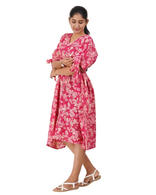 Image of MENMAII Oversized Cotton Full Button Dress for Women | Loose Fit with Fancy Sleeve Tie-Ups & Waist Tie-Up | Comfortable Casual Calf Length [Size : One Size fits Upto 3XL]