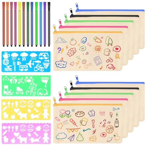 YHSKJCD Pochette en Tissu 12 Crayons Aquarelle 4 Gabarits - Trousse Zippée DIY Vierge Toile pour Peinture et Maquillage
