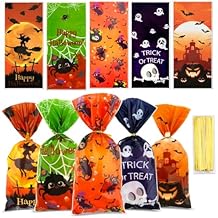 Halloween Treat Bags, Halloween Goodie Bags, 50 Pcs Candy Bag Trick or Treat Gift Bag with Ties for Kids Clear Cellophane Goody Favor Gifts for Snacks Cookies Packing Party Favors Decorations Supplies