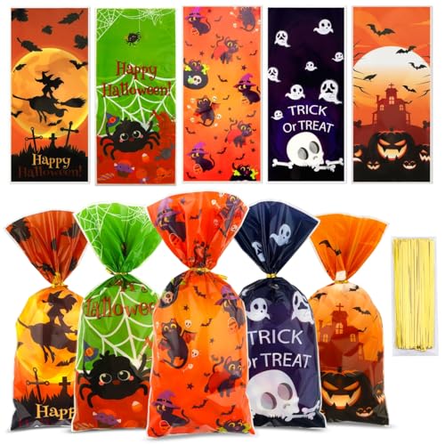 Halloween Treat Bags, Halloween Goodie Bags, 50 Pcs Candy Bag Trick or Treat Gift Bag with Ties for Kids Clear Cellophane Goody Favor Gifts for Snacks Cookies Packing Party Favors Decorations Supplies