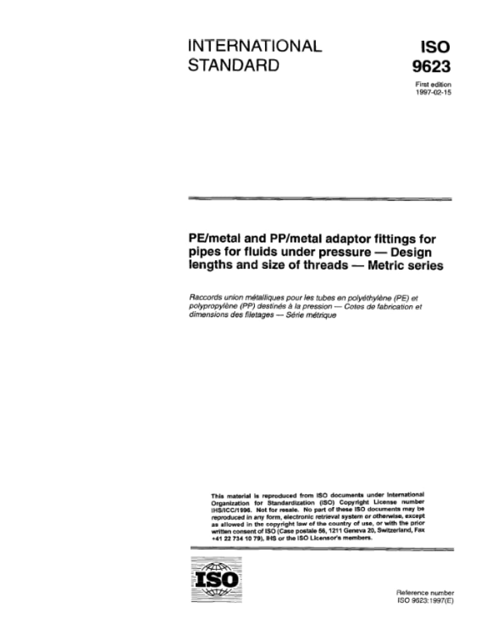 ISO 9623:1997 accesorios de transición PE metal con rosca métrica para tubos de presión