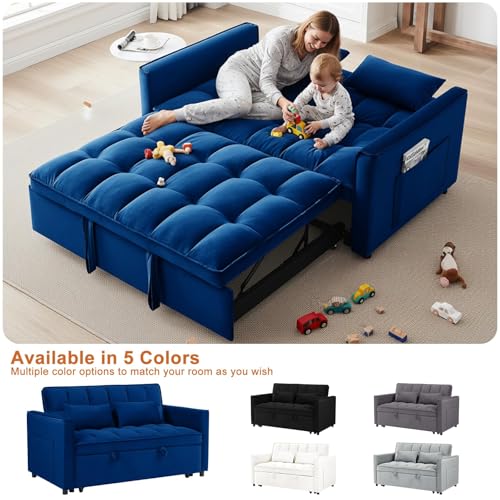 Image of Dreamzie 53 inch Sleeper Sofa, 3 in 1 Convertible Sofa Bed & Pull Out Couch, Modern Velvet Loveseat with Adjustable Backrest, Side Pocket & 2 Pillows for Apartment Living Room, Blue