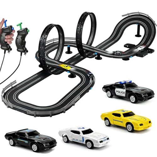 UNIKONIO 1:87 Slot Car Race Track Set with 3 Racing Cars, 360° Loop & U-Shaped Slope, HO Scale Electric Lap Counter Track, 2-Player Race, Battery/USB or Wall Powered, Snap-Together Modular Layout