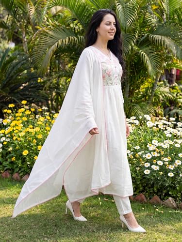 Image of INDO ERA Women's Pure Cotton Embroidered Thread Work Kurta & Pant with Dupatta Set (IEAI13046)