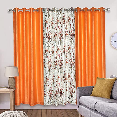Image of 7 Feet Polyester Floral Light Filtering Door Curtains for Bedroom, Living Room & Hall, Eyelet Top, Orange Print & Solid Plain Curtain Set of 3
