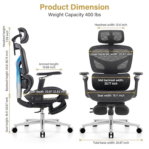 Image of Ergonomic Office Chair with Footrest & Massage Lumbar Support - Adjustable Seat Depth & Back Height Reclining Big and Tall 400LBS Mesh Chair, 4D Headrest & 6D Armrests, for Home Office /Gaming (Black)