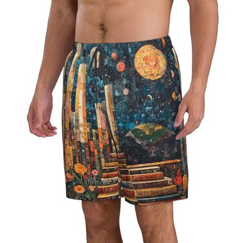 Men's Swim Trunks Beach Board Shorts Swimming Quick Dry - Library Bookshelf Hippie Vintage2