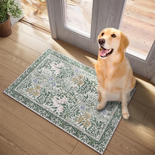 Image of Botanical Floral Washable Entryway Area Rug 2x3 Light Green Cream Vintage Garden Design, Perfect for Soft Door Mat Indoor Entrance, Ultra-Thin Easy Clean Small Throw Carpet for Bedroom Bathroom