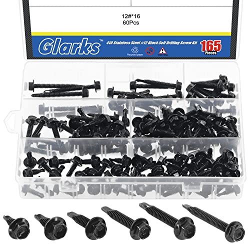 Glarks 165Pcs 410 Stainless Steel #12 Hex Washer Head Self Drilling Screws Assortment Kit 6 Size Black #12x5/8", 12x3/4"