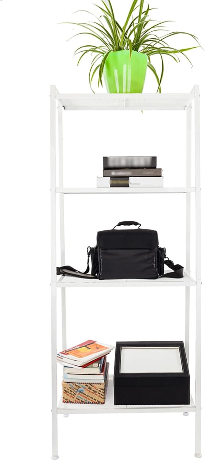 Ladder Shelf Bookcase, Ladder Shelves for Living Room, 4-Tier Bookshelf with Footpads, Metal Mesh Partition, Space-Saving, Holds up to 88lbs, Easy to Install, Bathroom Storage Rack, Ladder Shelf White
