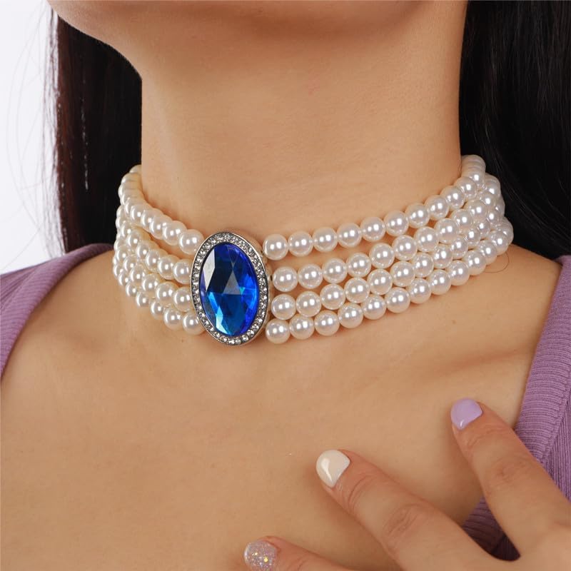 Sither Pearls Choker Necklace for Women Blue Crystal Pendant Choker Boho Necklace Jewelry for Halloween Christmas Gift - Image 3
