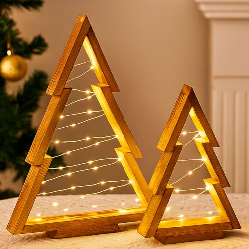 Weihnachtsdeko LED Weihnachtsbaum Holz, 2 Stück Weihnachtsbaum...
