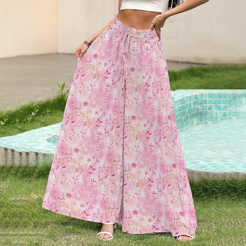 ZOCAVIA Women's Boho Wide Leg Pants 2025 Summer Smocked Waist Floral Palazzo Pants Flowy Lounge Pants Beach Trousers Pockets2