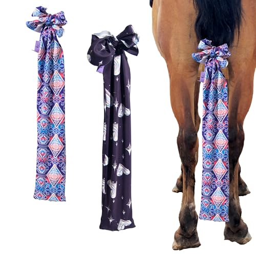 horzmetnex Horse Tail Bags Stretch Fabric Design for Protected Horse Tail Pack of 2 (Heart &Purple Geo Design Set)