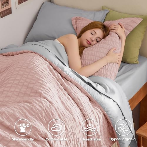 Image of HYMOKEGE Rose Gold /Light Grey Twin Comforter Set Seersucker 5 Pieces, All Season Luxury Bed in a Bag for Bedroom, Bedding Set with Comforter, Sheets, Pillowcase & Sham