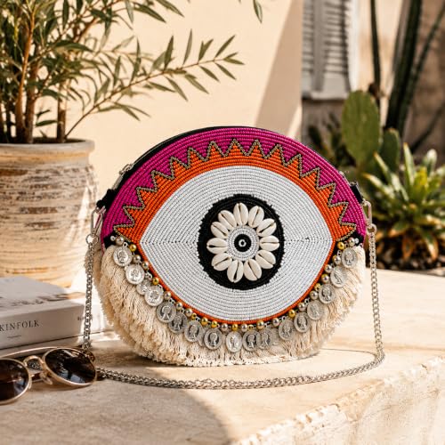 Image of Maresse Handcrafted Evil Eye Beaded Crossbody Boho Purse - Bohemian Tassel Bag for Women with Chain - Unique Style Shoulder Handbag - Trendy Festival Fashion Accessories & Chic Essentials