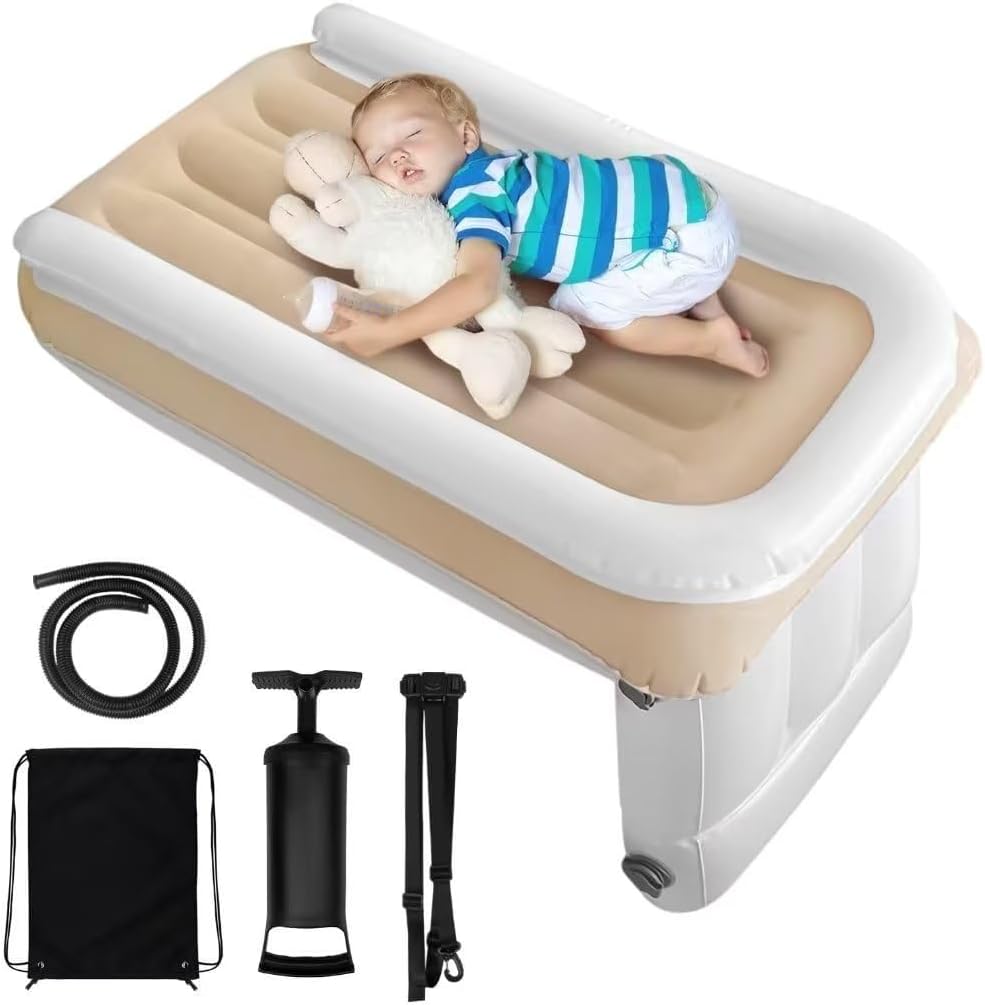 JUANWAN Toddler Airplane Bed - Travel Bed with Airplane Seat Extender & Safety Belt - Beige