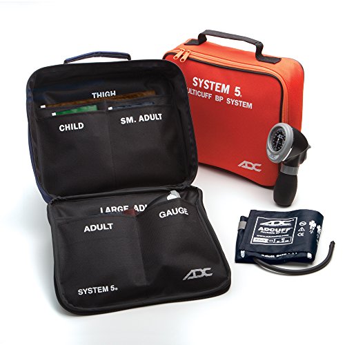 ADC Multikuf 740 5-Cuff EMT Kit with 804 Portable Palm Aneroid Sphygmomanometer, Child, Small Adult, Adult, Large Adult and Thigh Blood Pressure Cuffs (13-66 cm), Black Nylon Zipper Storage Case, Multi-color