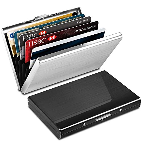 Preisvergleich Produktbild BUYGOO 2PCS Kreditkartenetui Kartenetui Kreditkartenhülle - Edelstahl Kreditkarten Schutzhülle, 6 Fächer für bis zu 10 Karten, Slim-Wallet für Damen und Herren, Schwarz+Silber