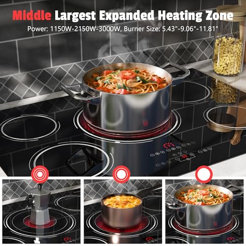 Image of 30 Inch (Cut-out Size: 29.13 inchx19.3 inch) Electric Cooktop - 30 Inch 9000W Powerful 5 Burner Electric Stovetop, Built-in Ceramic Stove 30 inch, Timer, Safety Lock, Pause, 240V Hard Wired (No Plug)