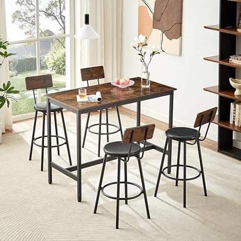 Fefances Industrial-Chic 5-Piece Pub Table Set: 47.2" L x 23.6" W x 35.4" H Dining Table with 4 PU Leather Bar Stools - Perfect for Kitchen Breakfast Nook,Home Bar,Brown Cover