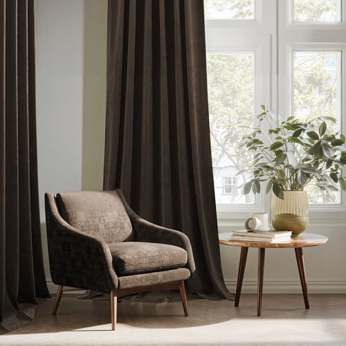 Image of StangH Brown Velvet Curtains 96 Inch Length, Elegant Espresso Drapes for High Ceiling Living Room, Soundproof Room Darkening Window Decor with Back Tab & Hook Belt, W52 x L96, 2 Panels