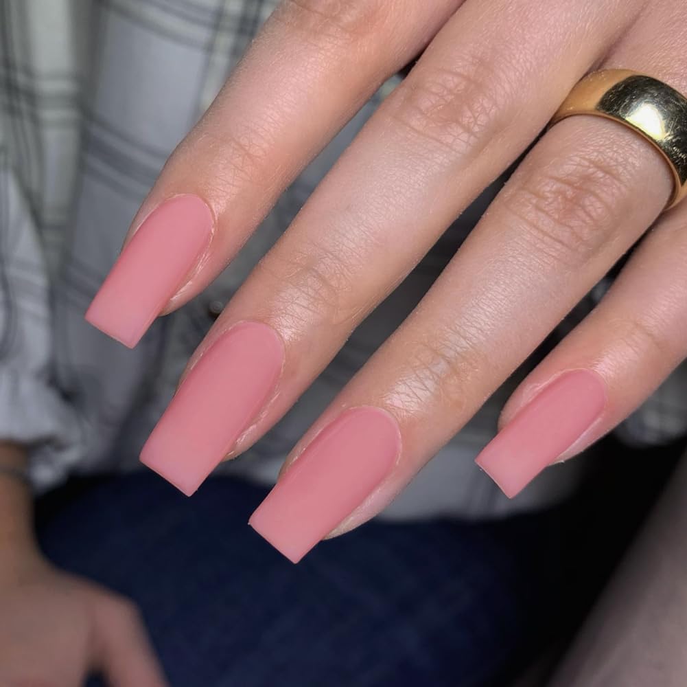 KQueenest Soft Gel Press on Nails Long Square, Matte Pink False Nails Long Medium Coffin, Natural Solid Fake Nails Set