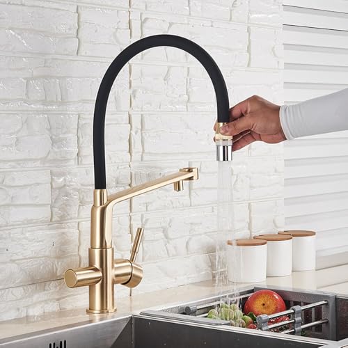Robinet mitigeur purification d'eau chrome noir et or brossé à tirette